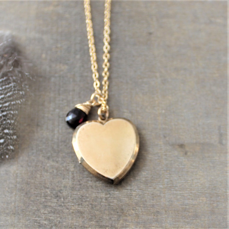 January Birthstone Locket Necklace, Gold Heart Locket Pendant, Gold Locket, Gold Photo Locket, Vintage Jewelry, Garnet Locket, Push Present image 3