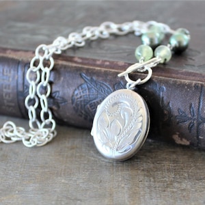 1994 Silver English Locket, Silver Photo Locket Sterling Silver Locket Necklace Oval Locket Pendant, Push Gift, Picture Locket, Chunky Chain
