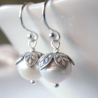 White Pearl Earrings Bridal, Freshwater Pearl Earrings, Sterling Silv…