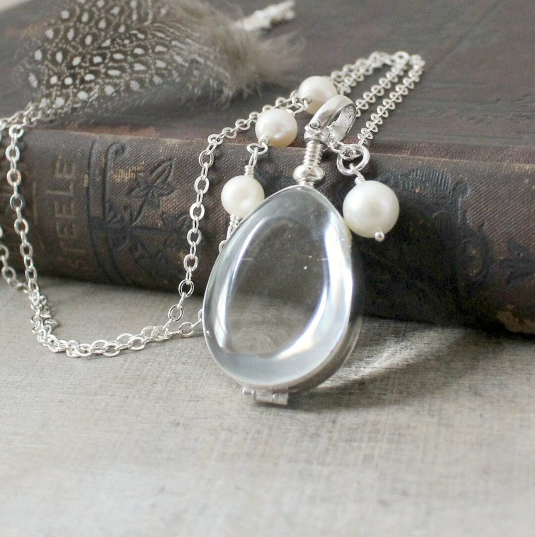 Silver Glass Locket, Bride Bridal Locket, Pearl Locket Necklace, Clear