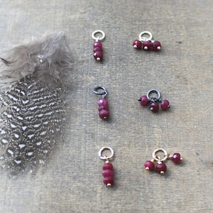Peut inclure: Cinq pendentifs de charme différents avec des perles de pierres précieuses rouge rubis. Les charmes sont en métal argenté et doré. Les charmes sont présentés sur une surface en bois.