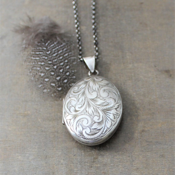 Large Silver Locket Necklace, 1977 English Locket Pendant