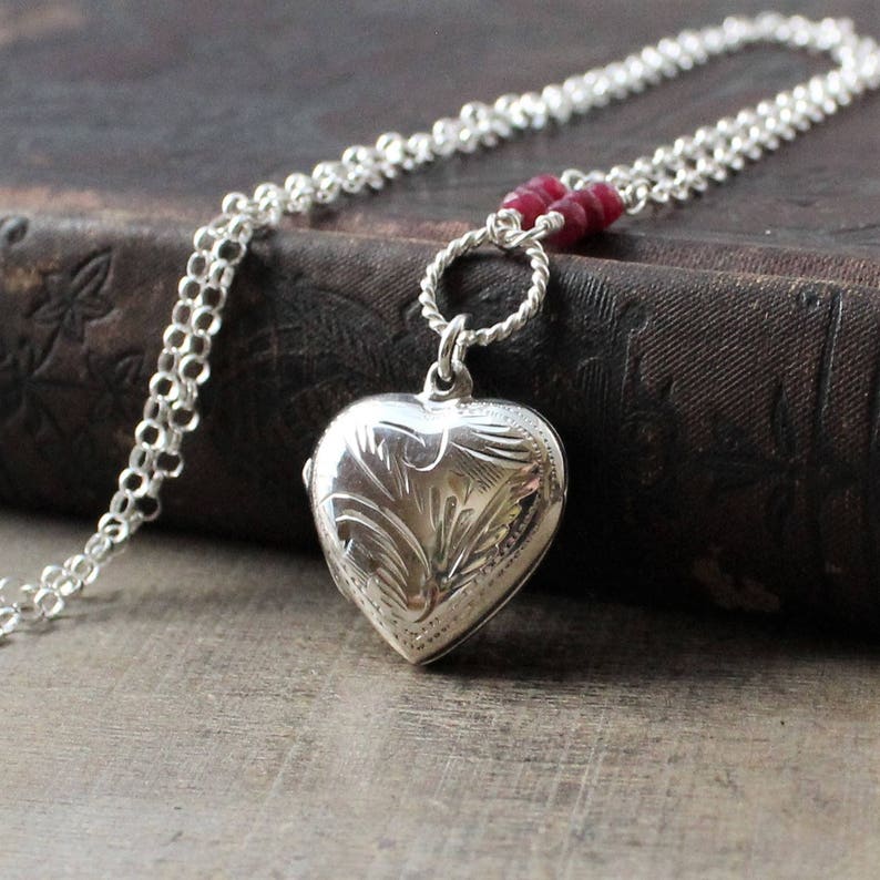 Ruby Locket, July Birthstone Locket, Photo Locket Necklace, Sterling Silver Locket, Silver Heart Locket Pendant, Push Present Picture Locket image 1