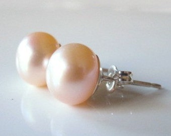 Pink Pearl Stud, Peach Pearl Earring, Pink Pearl Earring, Sterling SIlver Post Earring June Birthstone Jewelry Freshwater Pearl Stud Earring