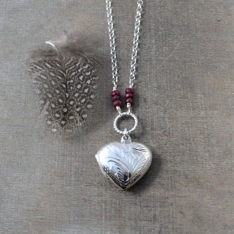 Ruby Locket, July Birthstone Locket, Photo Locket Necklace, Sterling Silver Locket, Silver Heart Locket Pendant, Push Present Picture Locket image 2