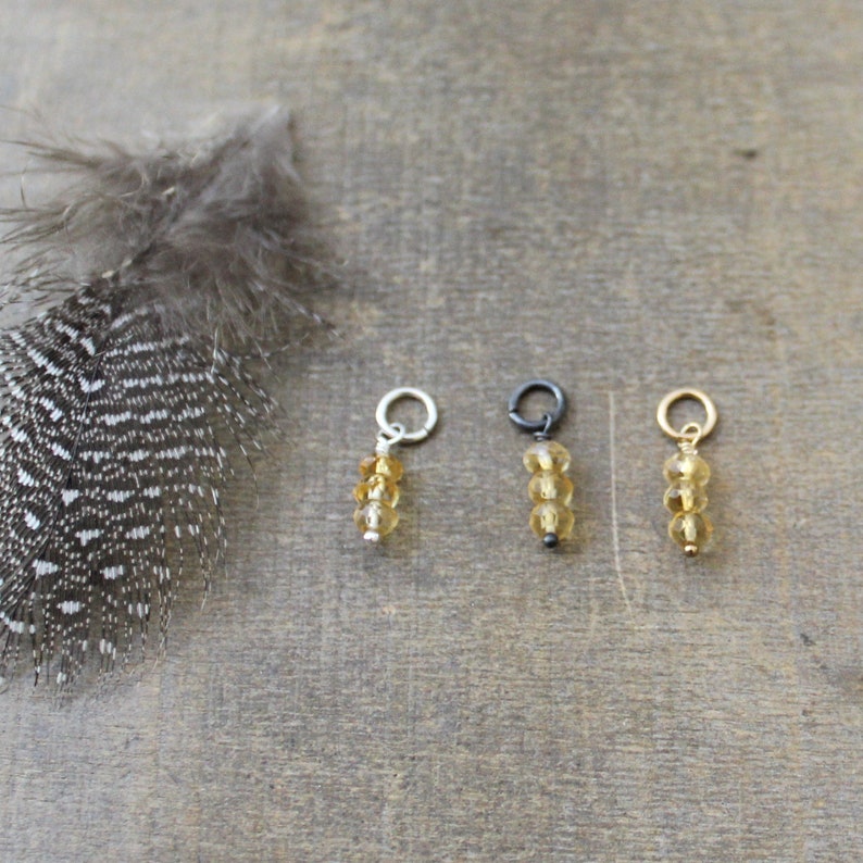 May include: Three gold, silver and black charms with three amber beads each. The charms are on a wooden surface.