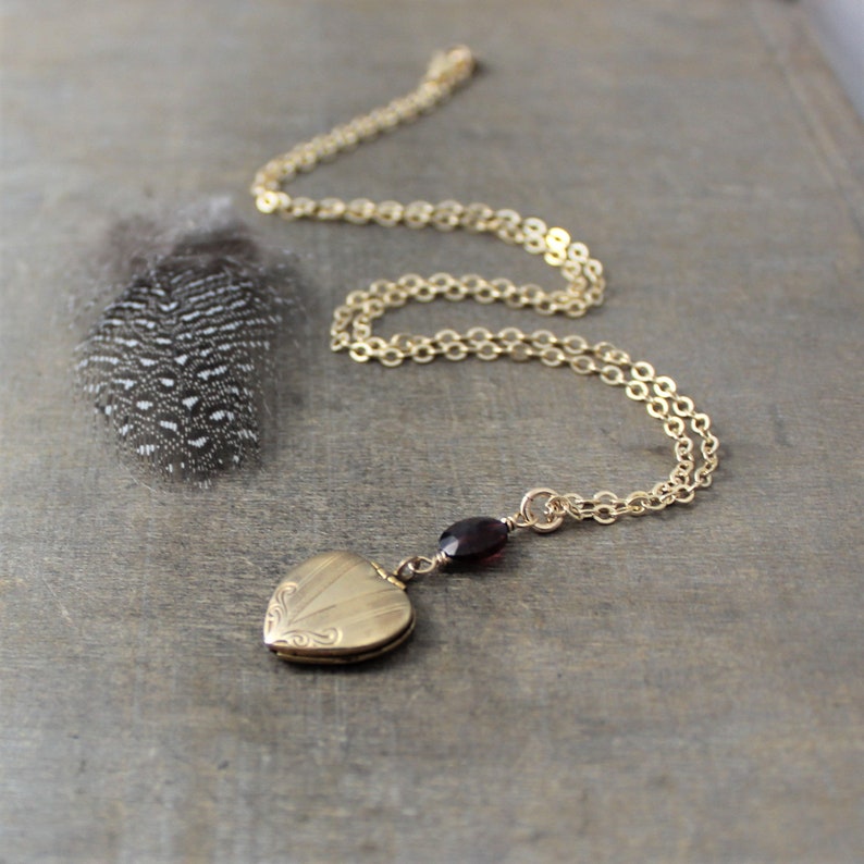 Gold Locket Necklace Vintage Locket Pendant January Birthstone Locket Gold Photo Locket Push Present Garnet Necklace Gold Heart Locket