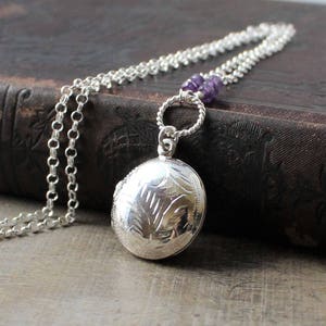 Amethyst Locket, Round Locket Necklace, February Birthstone Locket, Sterling Silver Locket Pendant, Push Present, Engraved Locket Pendant