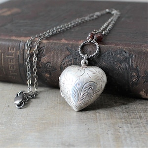 Photo Locket Necklace, January Birthstone Locket, Garnet Locket, Sterling Silver Locket, Silver Heart Locket Pendant, Oxidize Silver Jewelry