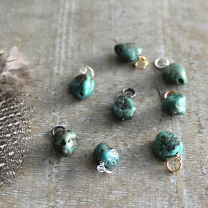 May include: Eight turquoise gemstone charms with silver and gold jump rings. The charms are irregular in shape and have a mottled green and blue color.