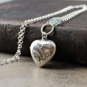 March Birthstone Locket Necklace, Aquamarine Locket Pendant, Sterling Silver Locket, Silver Heart Locket, Push Gift for Mom, Photo Locket