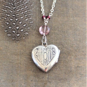 Sterling Silver Locket Necklace, Silver Heart Locket, Vintage Locket Pendant, Garnet Locket, January Birthstone Locket, Push Gift for Her