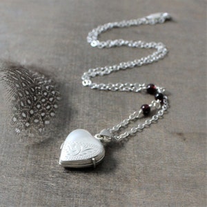 Silver Heart Locket Necklace, Sterling Silver Locket, Picture Locket, Small Silver Heart Locket, January Birthstone Locket Garnet Necklace image 2