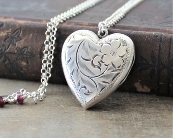 Large Silver Heart Locket Pendant, Sterling Silver Locket Necklace, Garnet Locket, January Birthstone Locket, Push Gift for Her Mothers Day