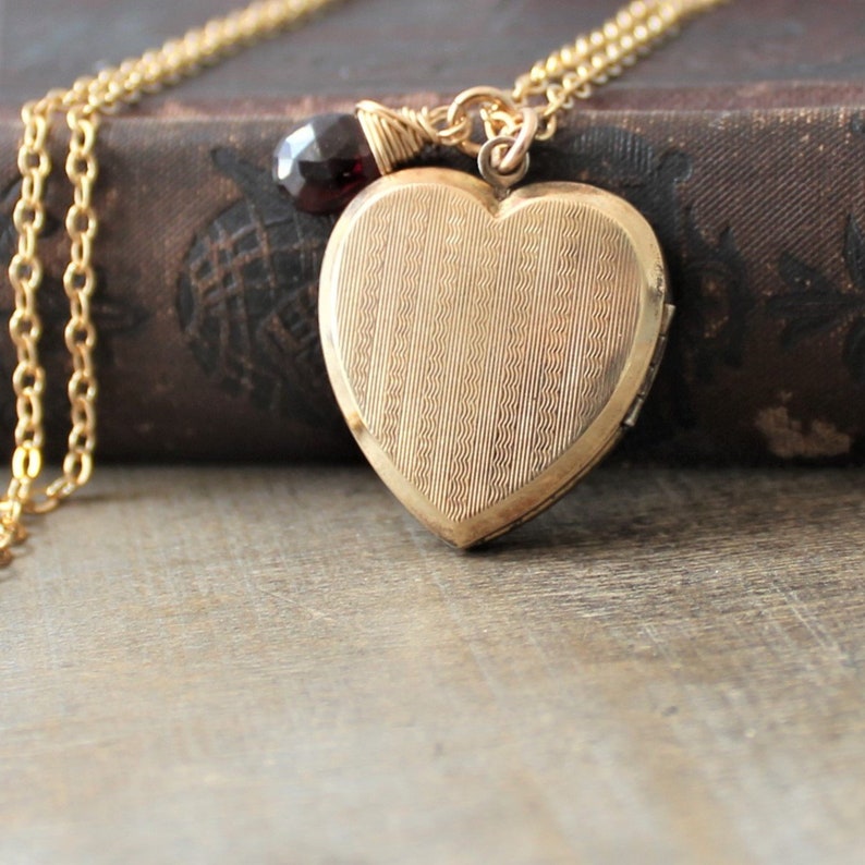 January Birthstone Locket Necklace, Gold Heart Locket Pendant, Gold Locket, Gold Photo Locket, Vintage Jewelry, Garnet Locket, Push Present image 1