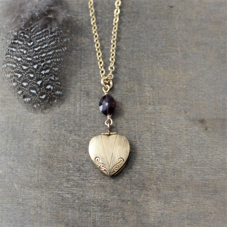 Gold Locket Necklace Vintage Locket Pendant January Birthstone Locket Gold Photo Locket Push Present Garnet Necklace Gold Heart Locket