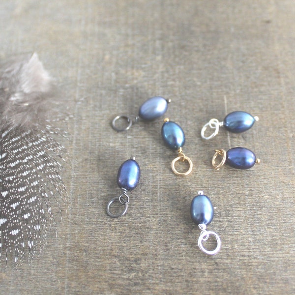 Tiny Blue Pearl Charm for Necklace DIY Earrings, June Birthstone Genuine Pearl,  Add A Charm Dark Blue Removable Pendant, Freshwater Pearl