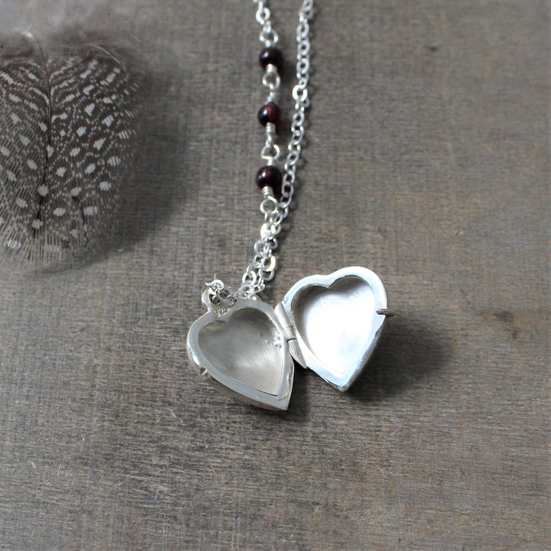 Silver Heart Locket Necklace, Sterling Silver Locket, Picture Locket, Small Silver Heart Locket, January Birthstone Locket Garnet Necklace image 4