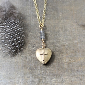 Gold Heart Locket, Gold Cross Necklace, Labradorite Necklace, Gold Photo Locket, Picture Locket Push Gift, Religious Gift, Confirmation Gift