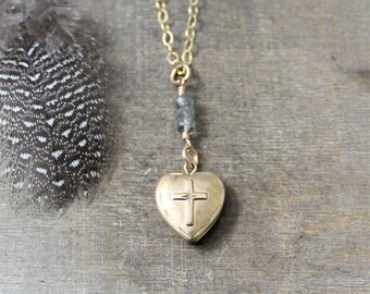 Gold Heart Locket, Gold Cross Necklace, Labradorite Necklace, Gold Photo Locket, Picture Locket Push Gift, Religious Gift, Confirmation Gift