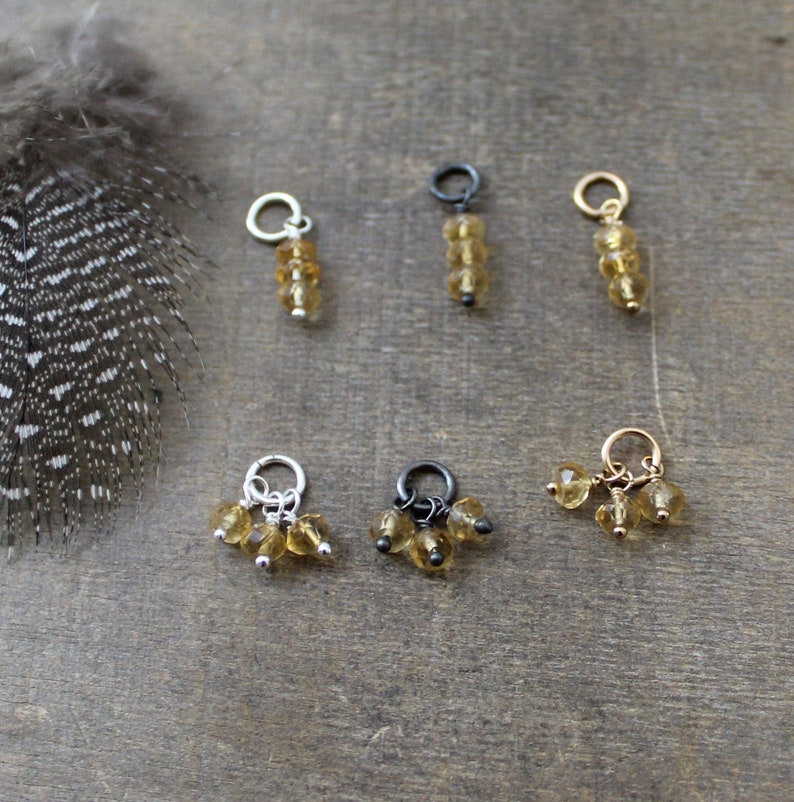 May include: Six different charms featuring small, faceted, golden topaz beads. The charms are made with silver, gold, and black metal.