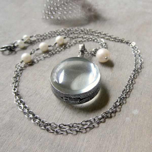 Round Glass Locket Silver, Photo Locket Necklace, Oxidize Locket Jewelry, Pearl Locket Pendant, Sterling Silver Locket, Expectant Mother