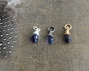 Iolite Pendant, Wire Wrapped Iolite Charm, Something Blue Pendant Water Sapphire Charm Add A Dangle, Tiny Teardrop Charm Only Petite Pendant