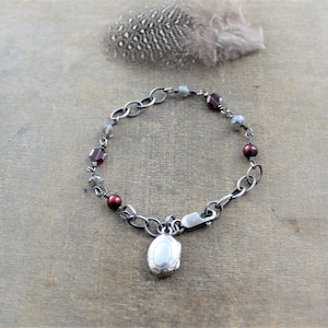 Sterling Silver Locket Bracelet, Small Oval Locket, Pearl Bracelet, June Birthstone Bracelet, Garnet Birthstone Locket Silver Charm Bracelet