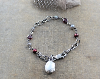 Sterling Silver Locket Bracelet, Small Oval Locket, Pearl Bracelet, June Birthstone Bracelet, Garnet Birthstone Locket Silver Charm Bracelet