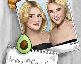 May include: A Polaroid photo of two women with blonde hair, smiling, wearing black dresses. The photo is attached to a white sheet of paper with the words "Happy Mothers Day" written in black ink. A green avocado and a brown croissant are also attached to the paper.