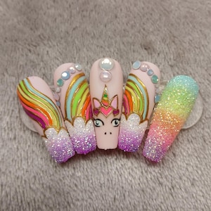 Rainbow Unicorn Nails/Press on Nails/Coffin Nails/Glitter Nails/GelX Nails/Gem Nails/Matt Nails/Reusable