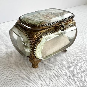 1900s Antique French Beveled Glass Casket Trinket Jewel Box 5 Panel with Painting. Vanity decor and/or collectors item. Gothic Vanity Box