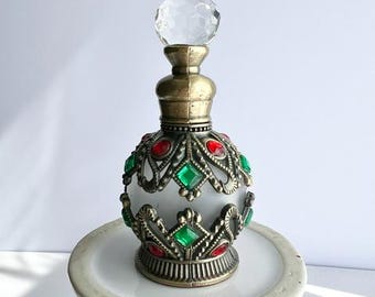 DESTASH of Perfume Bottles - Refillable with Glass Dauber and Glass-Studded Gems in Red and Green w/Antique-Gold Metal - Please Read Below