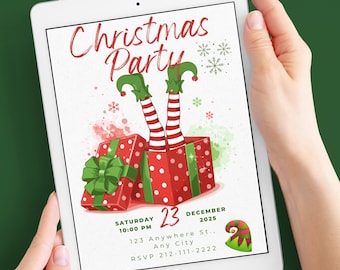 Faire-part Noël fête des fêtes ELF dans une boîte Modèle CANVA modifiable Invitation numérique téléchargeable imprimable