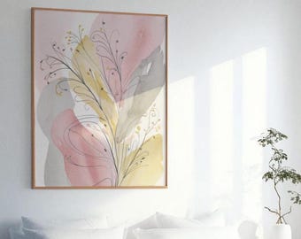 Puede incluir: Pintura abstracta de acuarela con un esquema de color rosa, amarillo y gris. La pintura presenta un delicado diseño floral con líneas finas y formas orgánicas.