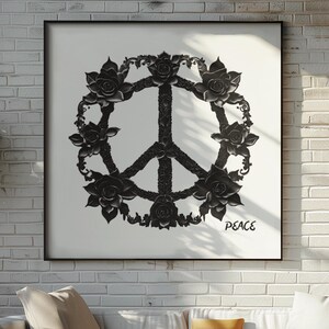 Peace Sign Art Print Black Floral Chic Wall Art Downloadable Prints.