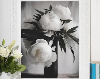 Floral Wall Decor Black and White Peonies Wall Art Downloadable Print.