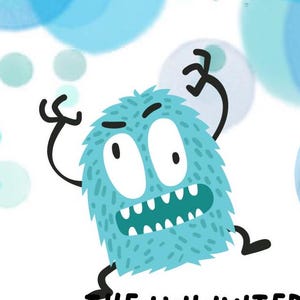 K&ouml;nnte beinhalten: Ein blaues Monster mit einem weit ge&ouml;ffneten Mund und gro&szlig;en Augen. Das Monster hat eine pelzige Textur und ist von blauen Kreisen umgeben.