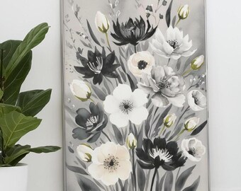 Decoración floral de pared, arte mural en blanco y negro, impresión descargable.