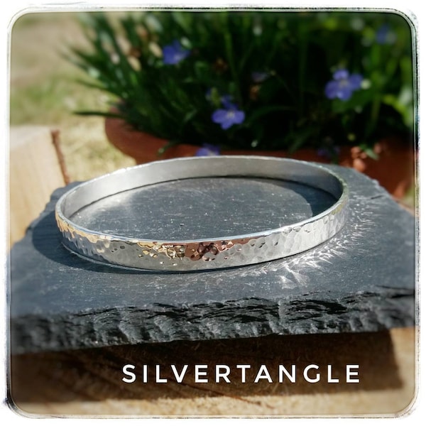 Sterling Silver Hallmarked Bangle - Silver Flat Round Bangle - Sterling Silver Hammered Bangle - Silver Textured Bangle - Silver Bangle