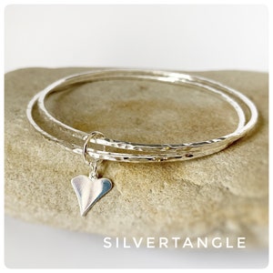 Two Silver Bangles - Hammered Silver - Textured Finish - Hallmarked Stacking Bangles - Round Bangles - Sterling Silver - Heart Charm