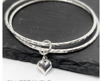 Two Silver Hallmarked Bangles with Puffed Heart Charm - Hammered Silver Bangles - Textured Finish Bangles - Hallmarked Stacking Bangles