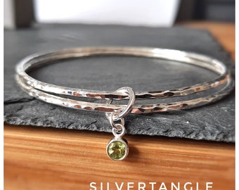 Two Silver Bangles with Peridot Charm - Hammered Silver Bangles - Silver Bangle With Stone - Round Bangles with Peridot - Silver Bangle
