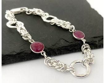 Pulsera de cadena de plata de ley con rubí - Pulsera de eslabones de plata y rubí - Pulsera de malla de plata - Pulsera de cadena de plata