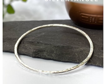 Silver Hallmarked Bangle 2.5mm - Hammered Solid Sterling Silver Bangle - Textured Finish - Round Bangle - Sterling Silver
