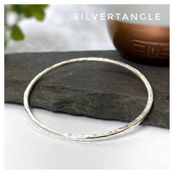 Silver Hallmarked Bangle 2.5mm - Hammered Solid Sterling Silver Bangle - Textured Finish - Round Bangle - Sterling Silver