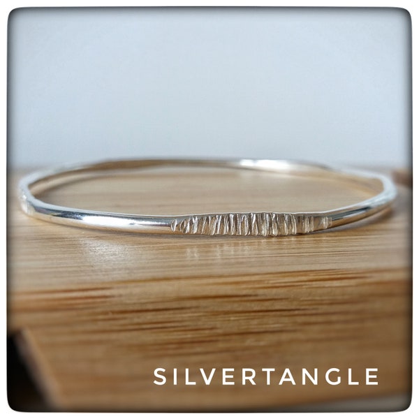 Silver Bangle with Textured Sections - Grooved Silver Bangle -  Patterned Silver Bangle - Hallmarked Bangle - Contrast Pattern Bangle