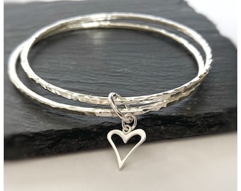 Silver Bangle With Heart - Hammered Silver Bangle - Round Silver Bangle - Hallmarked Stacking Bangles - Round Bangles - Sterling Silver