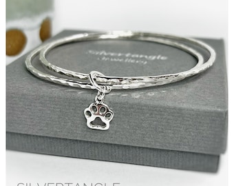 Two Silver Hallmarked Bangles with Paw Print Charm - Hammered Silver Bangles - Textured Finish Bangles - Hallmarked Stacking Bangles