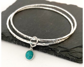 Two Silver Bangles with Turquoise Charm - Hammered Silver - Turquoise Charm Bangles - Hallmarked Stacking Bangles - Hallmarked Silver Bangle